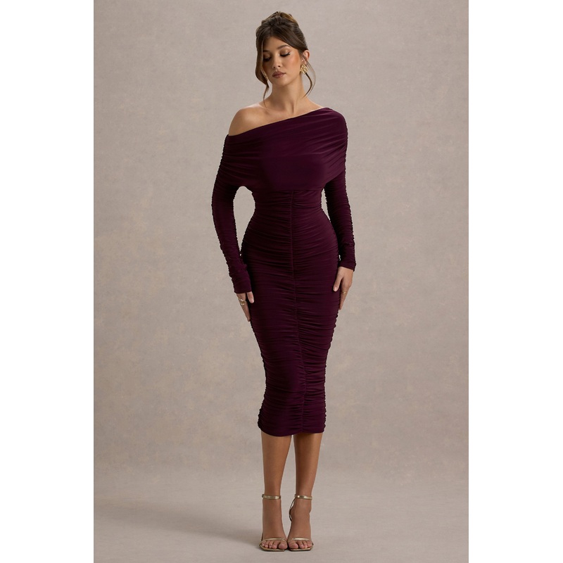 Sinclair | Plum Ruched One-Shoulder Bodycon Midi Dress