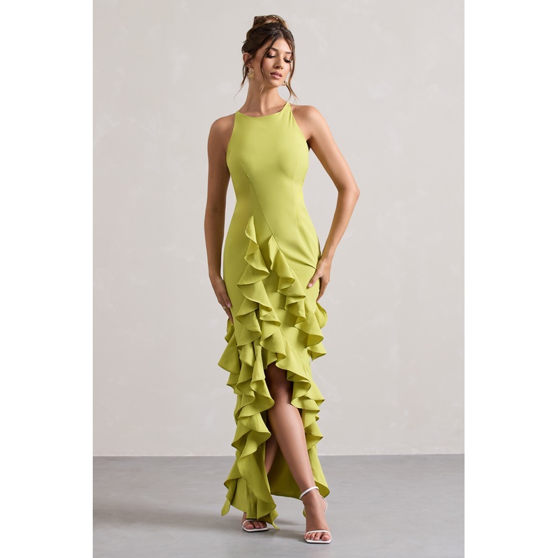 Sommer | Lime Green Racer-Neck Ruffle Maxi Dress