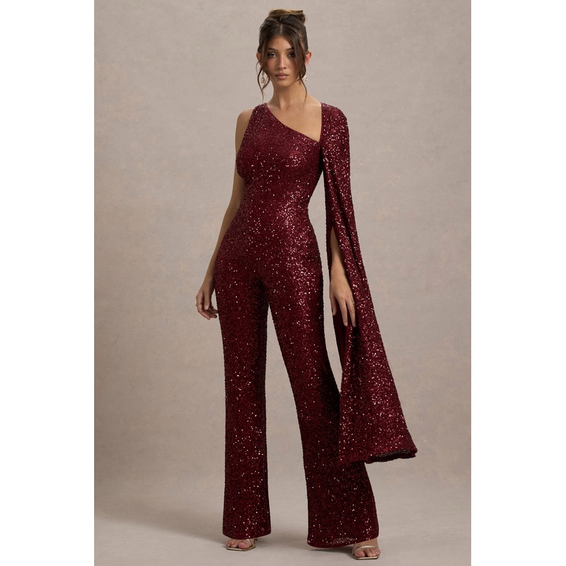 Star Seeker | Port Sequin One-Shoulder Cape Sleeve Jumpsuit
