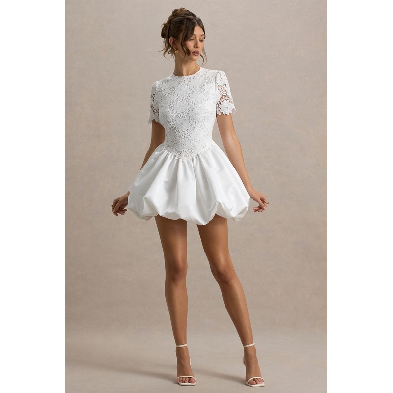 Taffy | White Lace Mini Dress With Satin Puffball Skirt