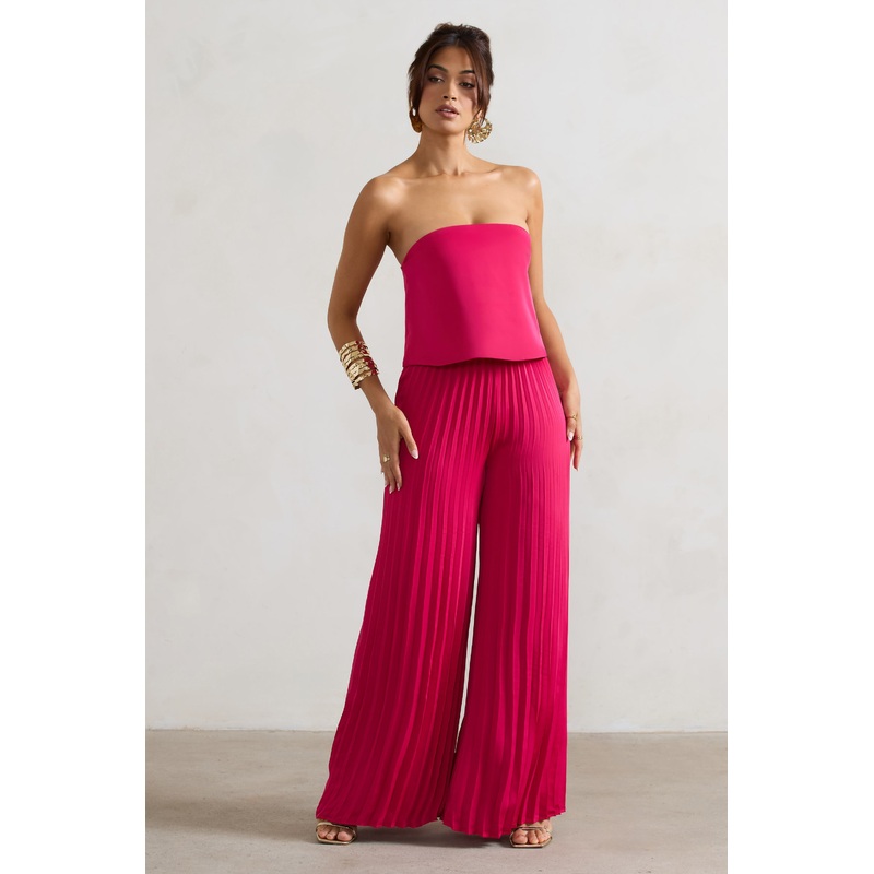 Tammi | Dark Pink Satin Strapless Plisse Wide-Leg Jumpsuit
