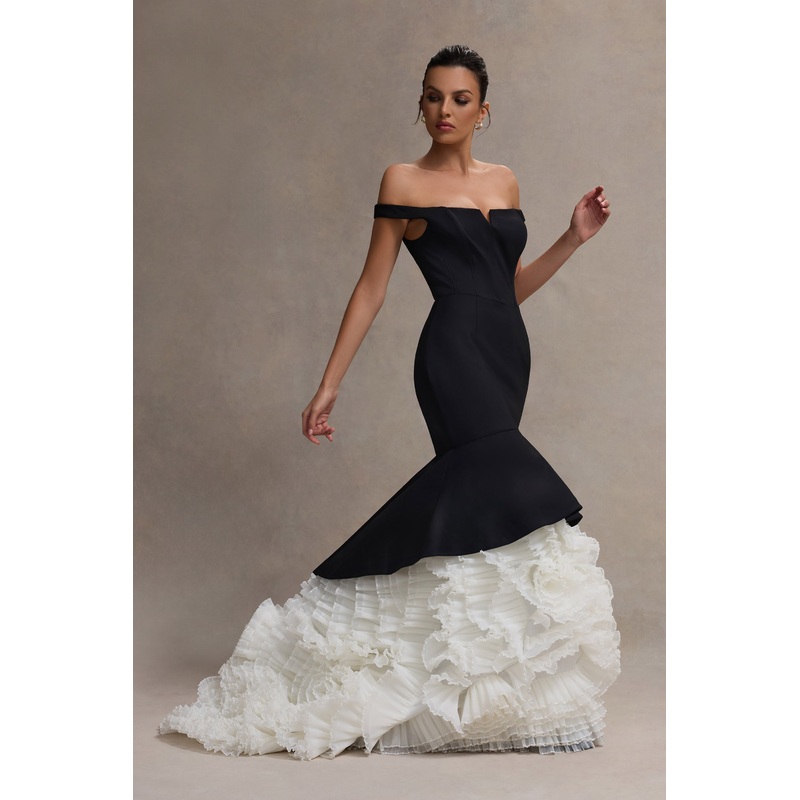 The Greatest | Black & Cream Bardot Maxi Dress With Tulle Skirt