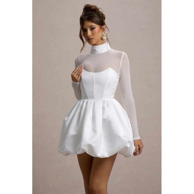 Tinkerbell | White Satin Long-Sleeve Puffball Mini Dress