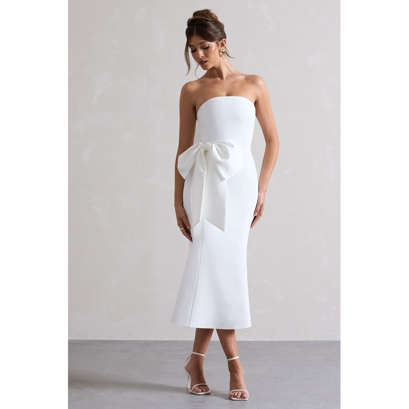 To Me | White Bandeau Midi Dress With Oversized Bow