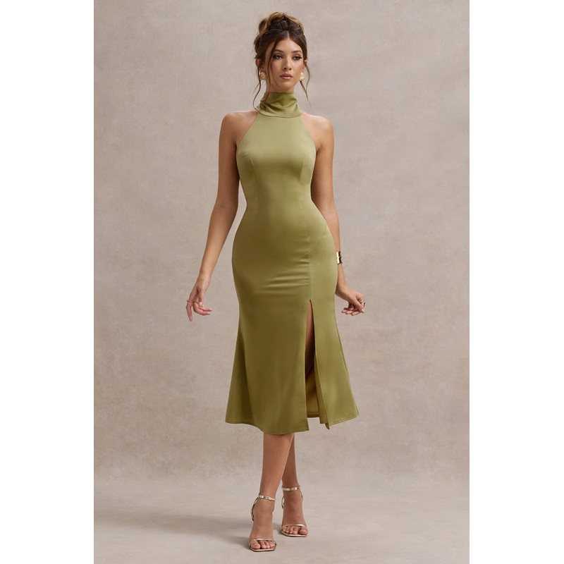 Violette | Olive Satin High-Neck Split Midi Dress