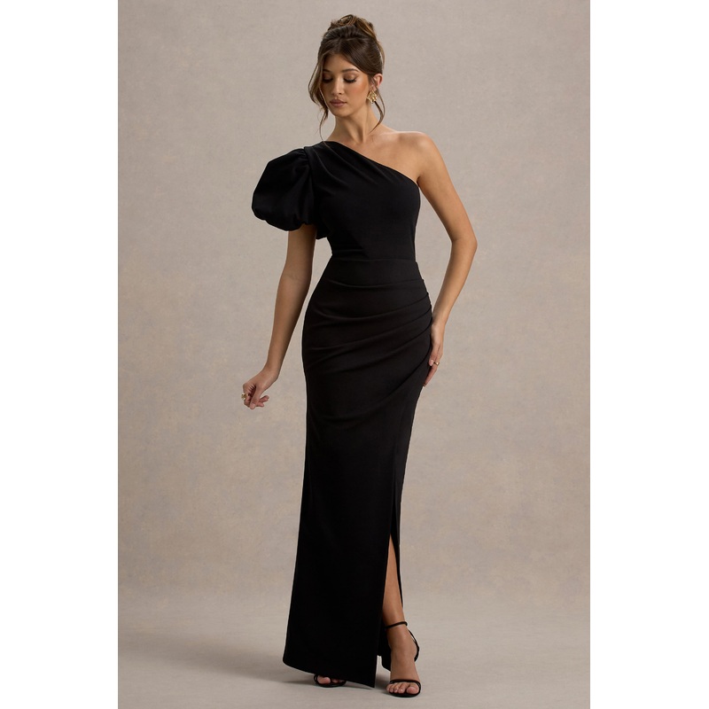 Vittoria | Black Asymmetric Puff-Sleeve Split Maxi Dress