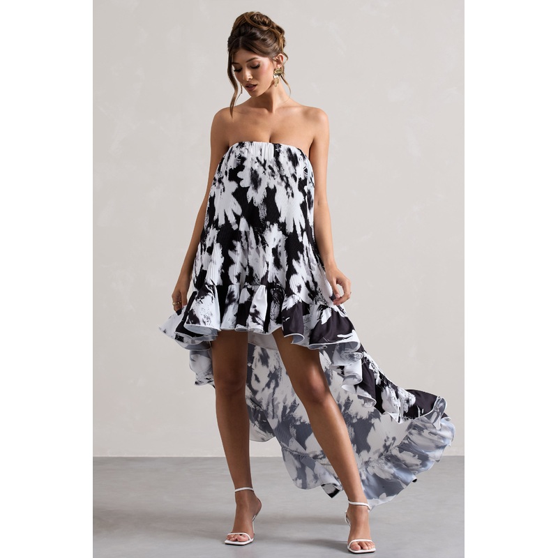 Whistler | Monochrome Floral Chiffon Bandeau High-Low Ruffled Maxi Dress