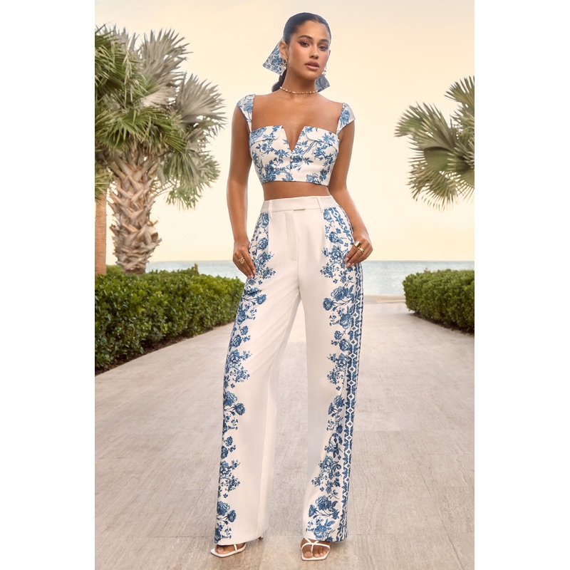 Zelie | Blue Porcelain Print Wide-Leg Trousers
