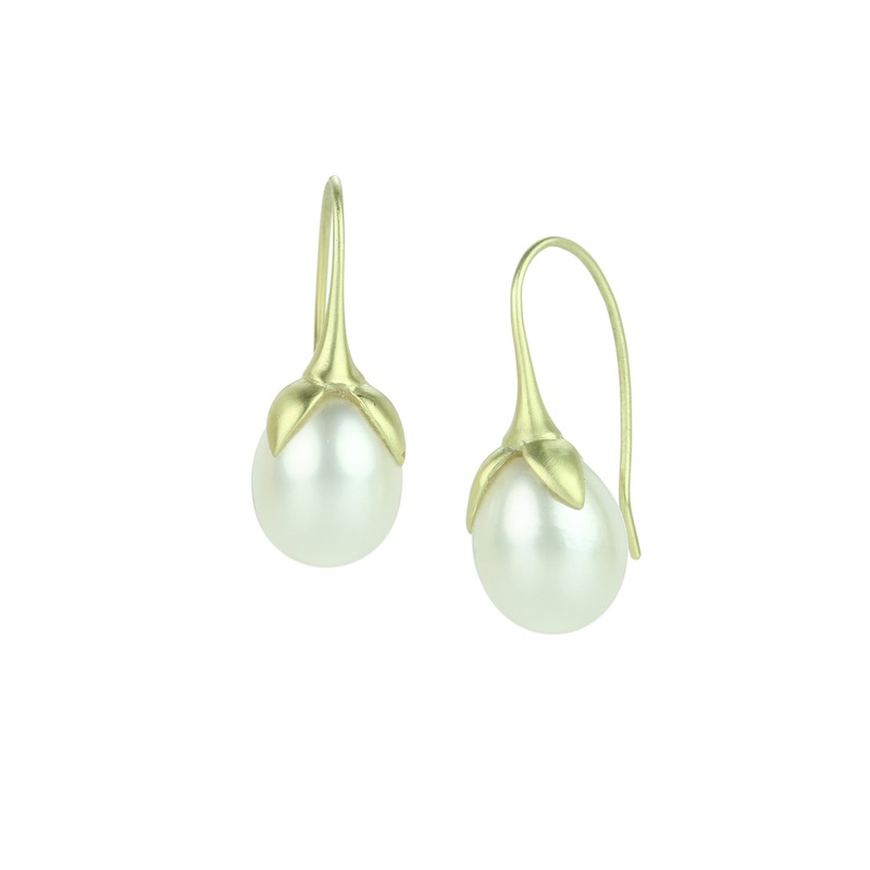14k Yellow Gold White Pearl Eggplant Earrings