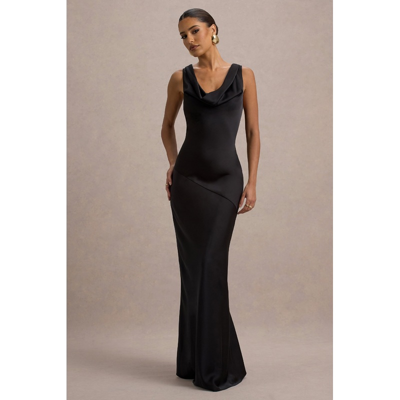 Alesso | Black Satin Cowl-Neck Maxi Dress