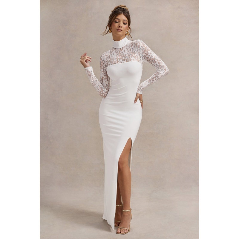 Arden | White High-Neck Split Maxi Dress With Lace Sleeves