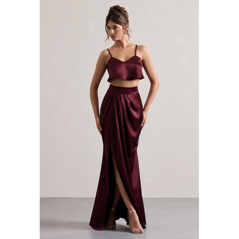 Free Feeling | Plum Satin Split Maxi Skirt