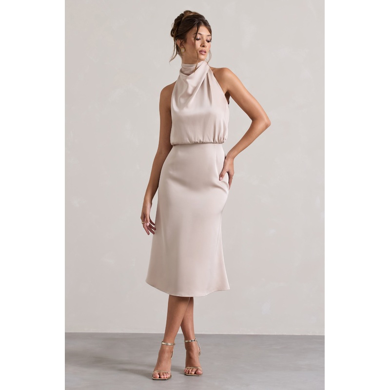 Geena | Champagne Satin Twisted High-Neck Midi Dress