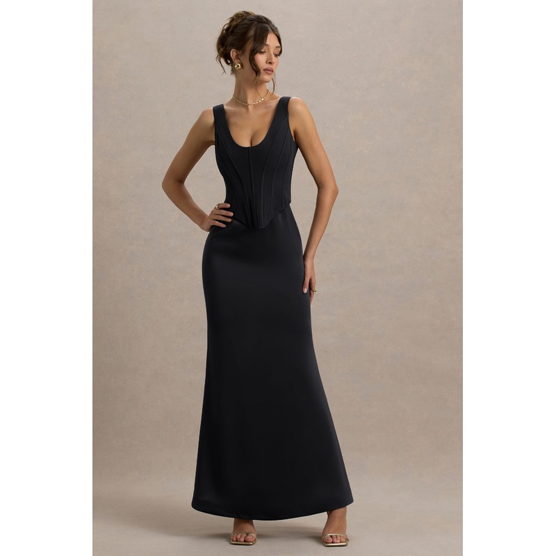 Morgan | Black Satin Corset Maxi Dress