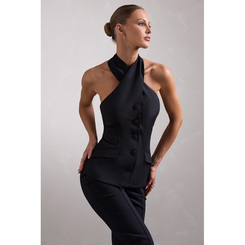 Remi | Black Cross Halter Neck Tailored Sleeveless Blazer Top