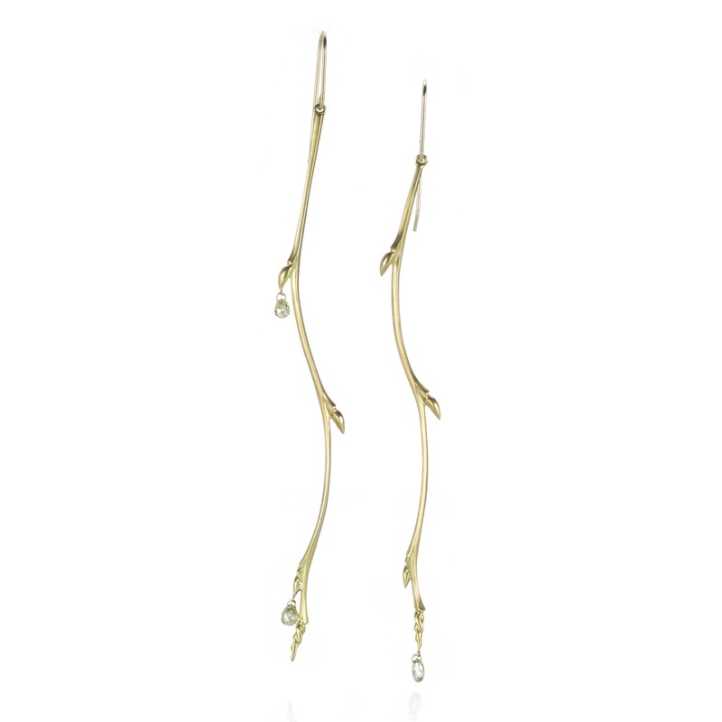 18k Long Bud Branch Earrings with Diamond Drops