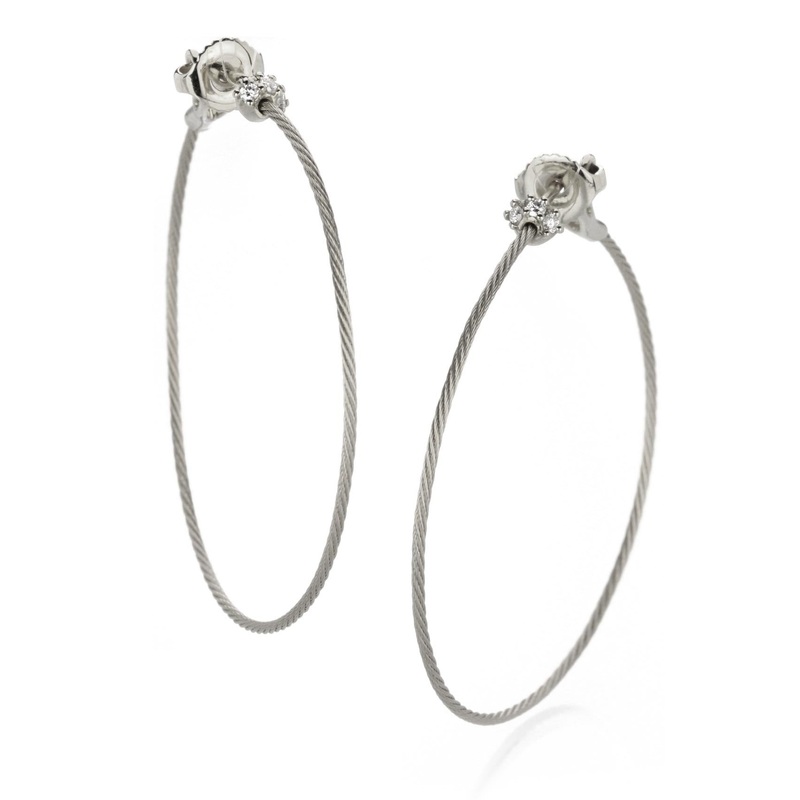 18k White Gold Wire Hoops with Diamonds