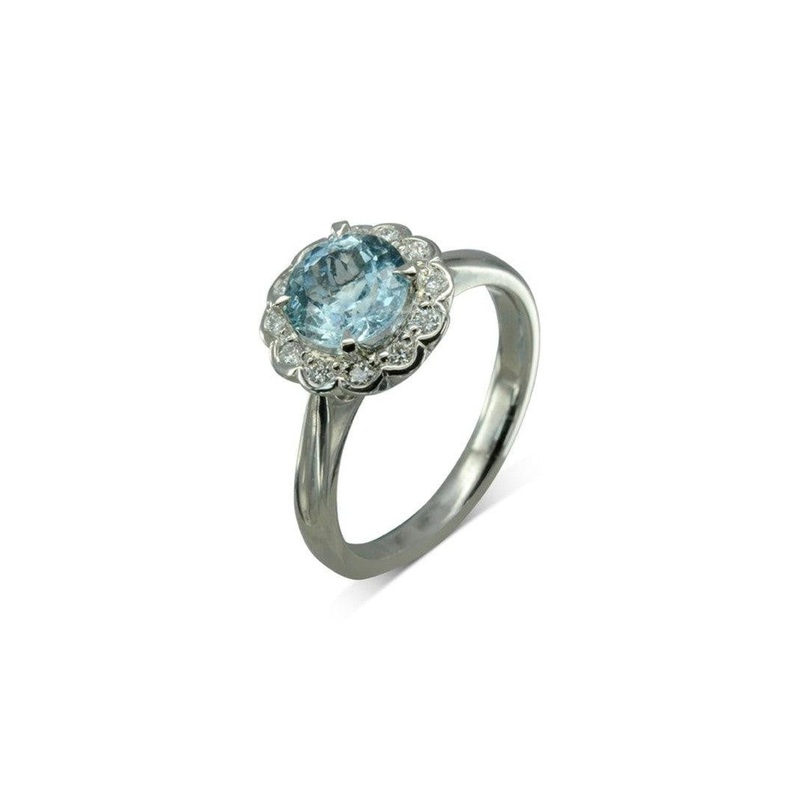 Aquamarine with Scalloped Diamonds Cluster Engagement Ring