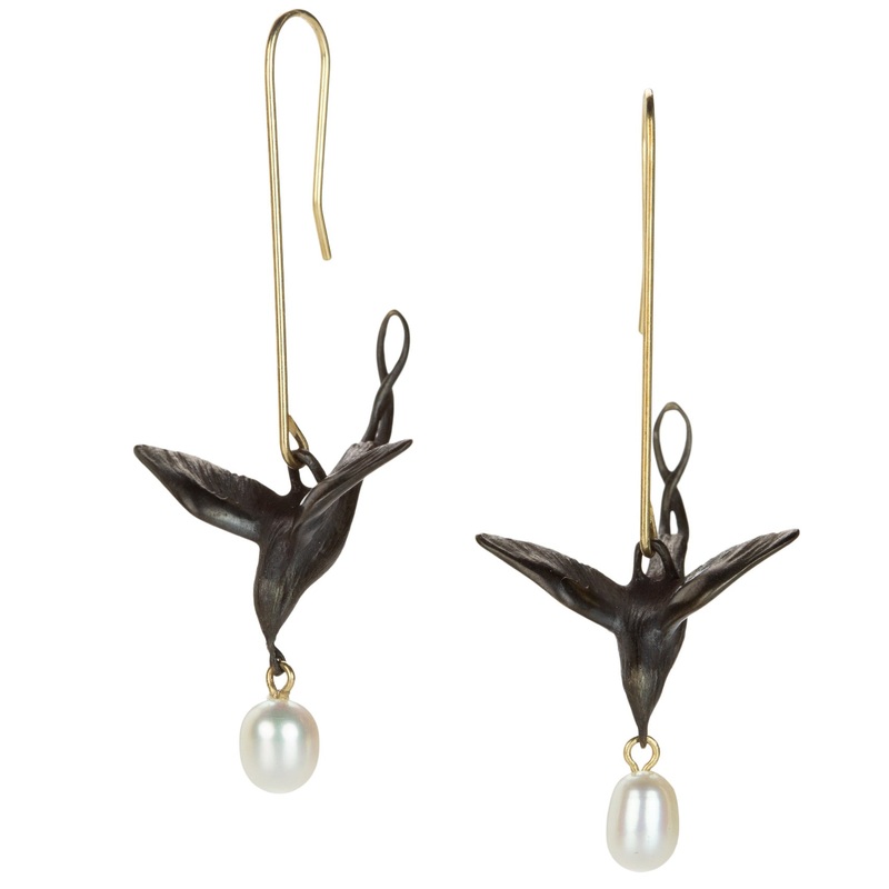 Bronze Flying Bird Earrings with Pearl Drops