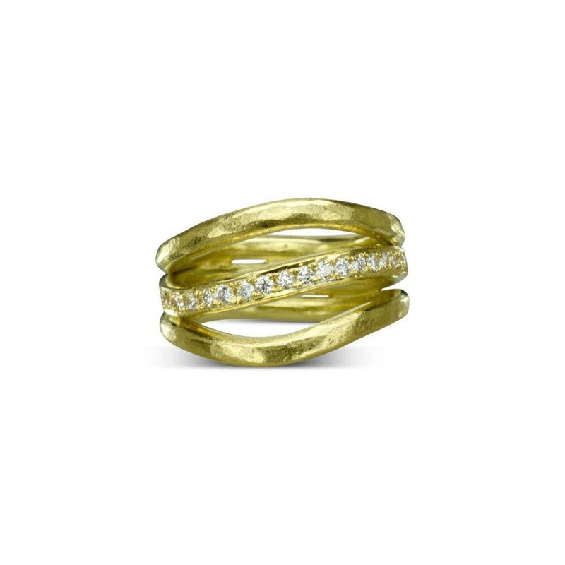 Three Strand Hammered Yellow Gold Diamond Ring