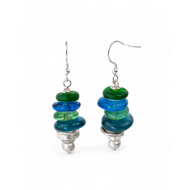 African Recycled Blue Glass Bead Drop Earrings