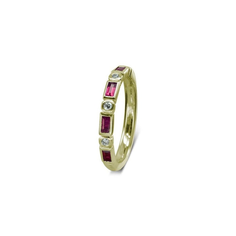 Alternating Baguette Ruby and Diamond Yellow Gold Eternity Ring