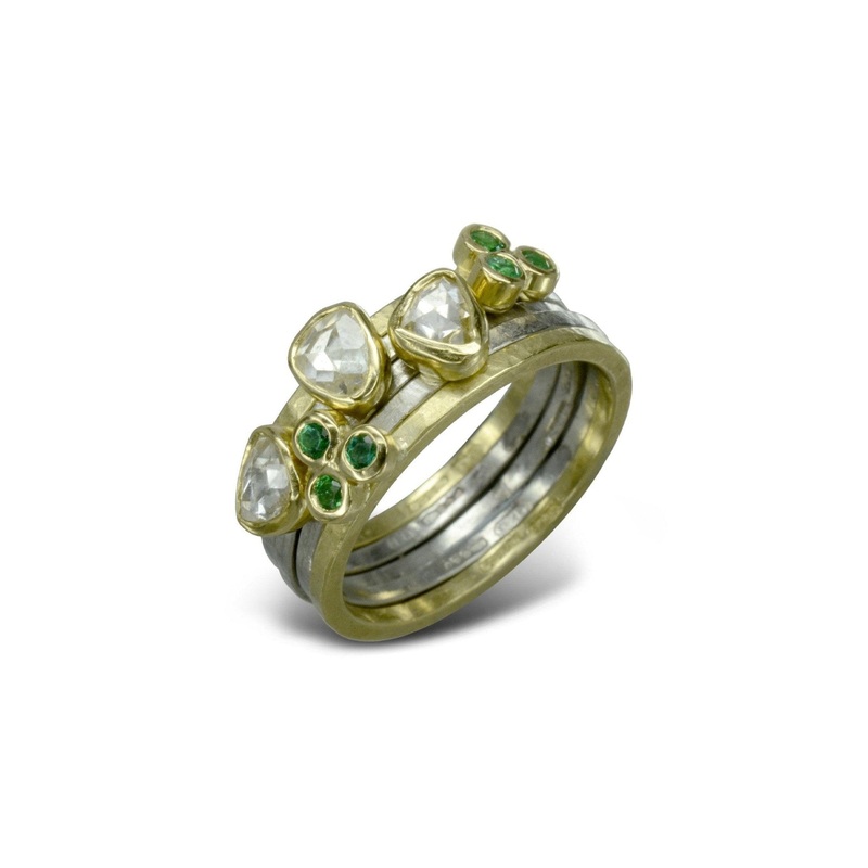 Trefoil Gemstone and Rough Diamond Stacking Ring Set