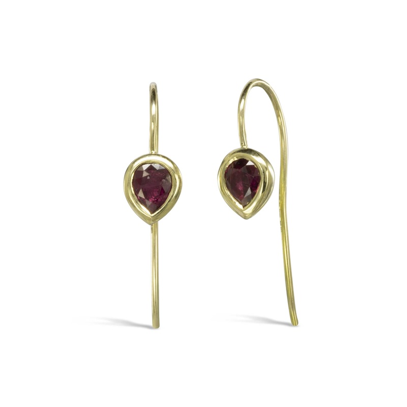 Pear Shaped Solid Gold Ruby Drop Earrings