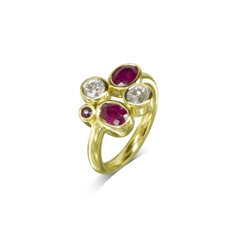 Ruby Diamond Gold Abstract Bubbles Cluster Ring