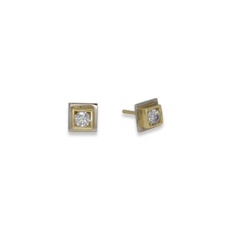 Square Yellow and White Gold Diamond Stud Earrings