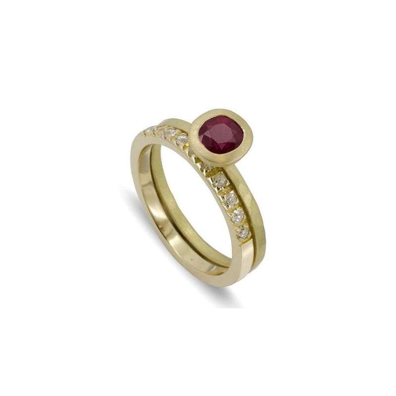 Yellow Gold Pav Set Diamond Band and Ruby Ring Set