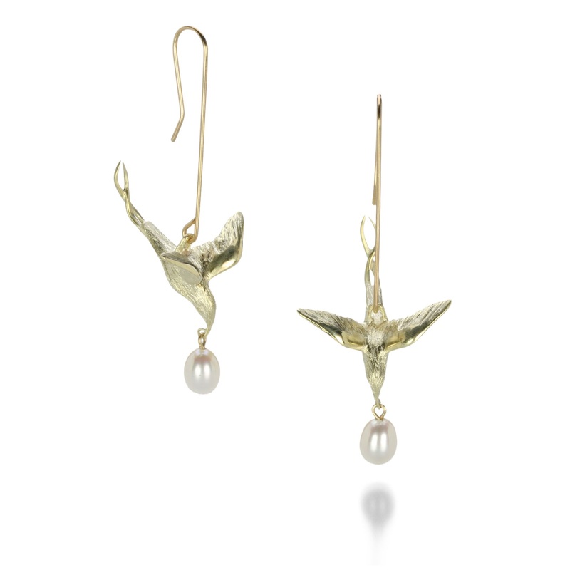 18k Gold Flying Bird Earrings with Pearls