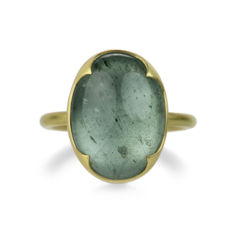 18k Oval Moss Aquamarine Ring