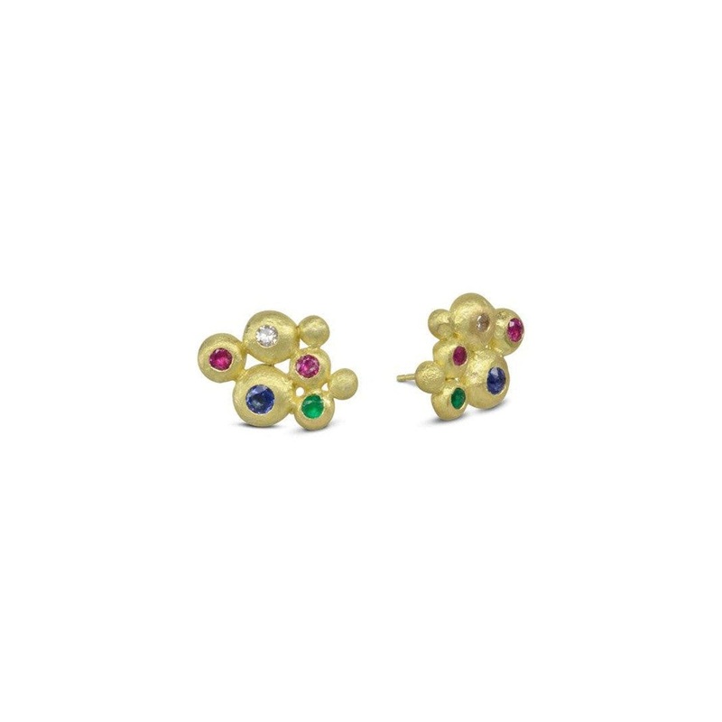 Nugget Ruby, Emerald, Sapphire and Diamond Stud Earrings