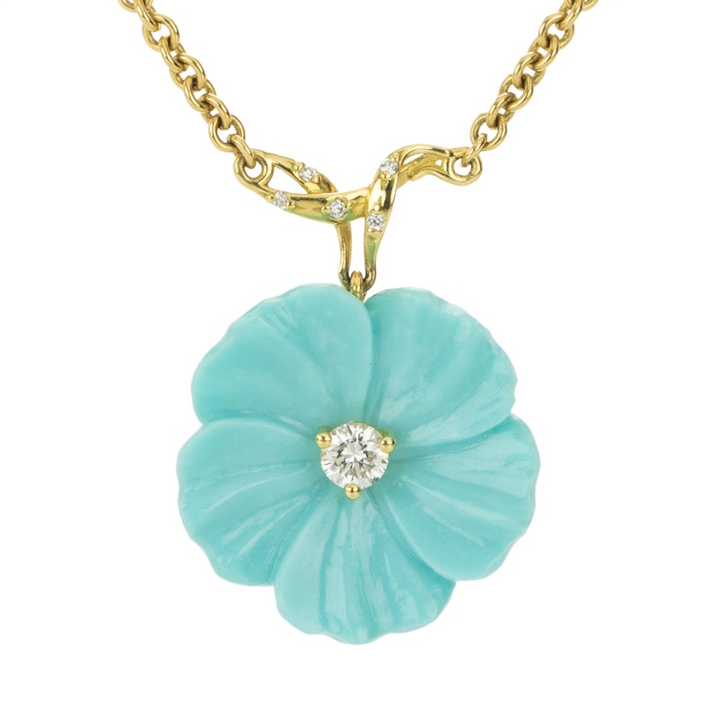 Turquoise and Diamond Flower Pendant Necklace