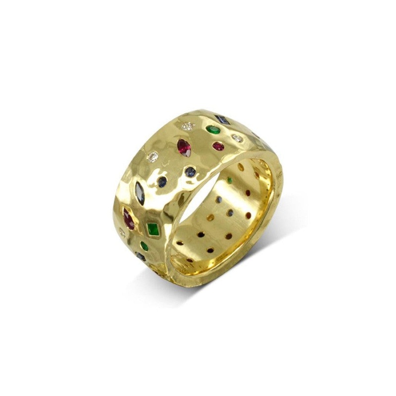Wide Hammered Gold Sapphire Emerald Ruby Diamond Scatter Ring