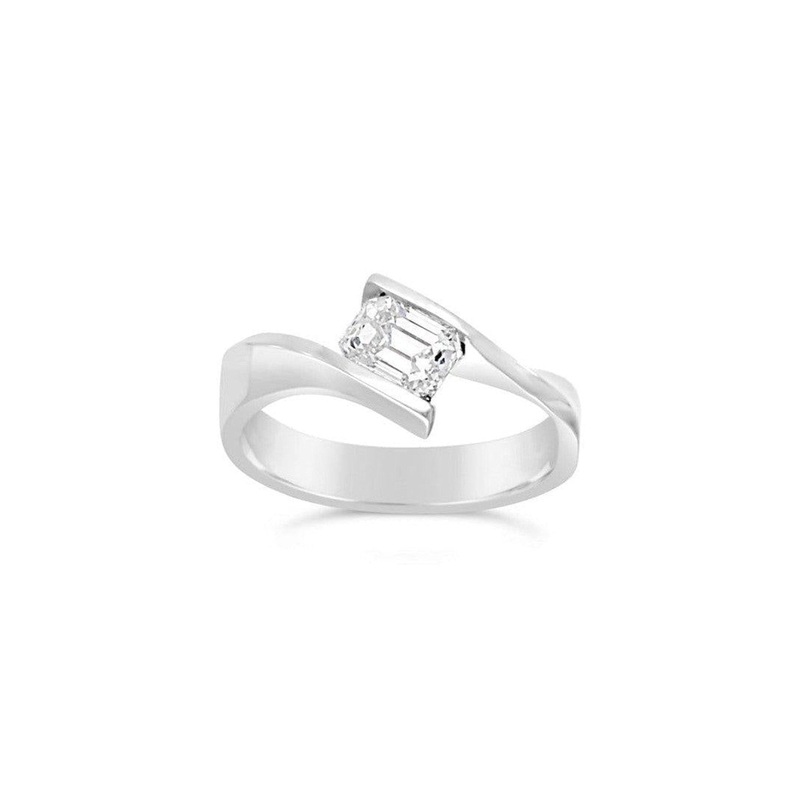 Flat Twist Platinum Emerald Cut Diamond Engagement Ring