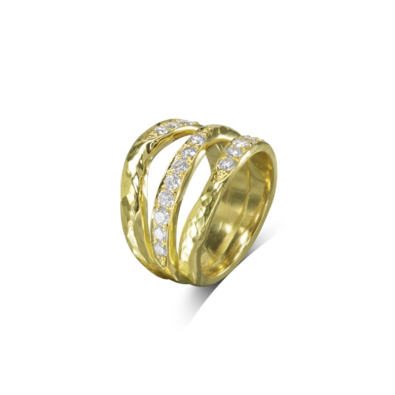 Three Strand Hammered Gold Diamond Ring