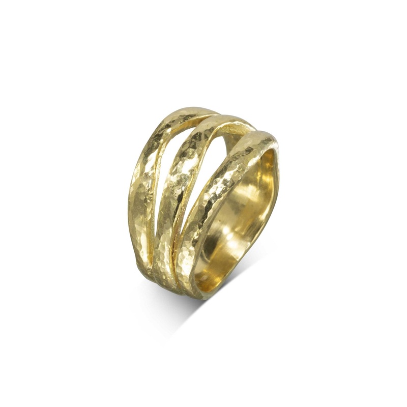 Three Strand Hammered Yellow Gold Ring