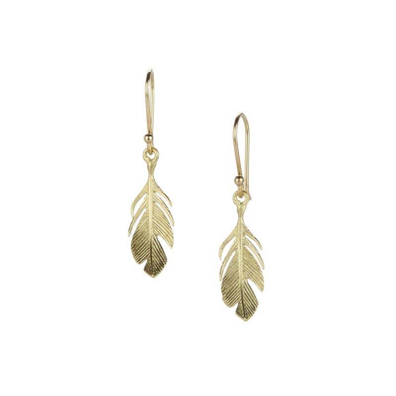 14k Small Feather Drop Earrings