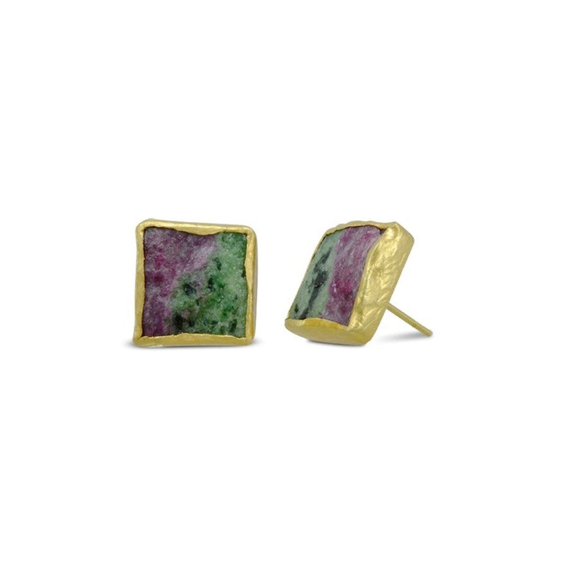 Ruby Zoisite Square Stud Earrings (Large)