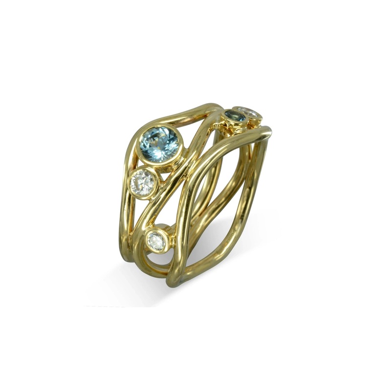 Three Strand Gemstone and Diamond 9ct Gold Dress Ring