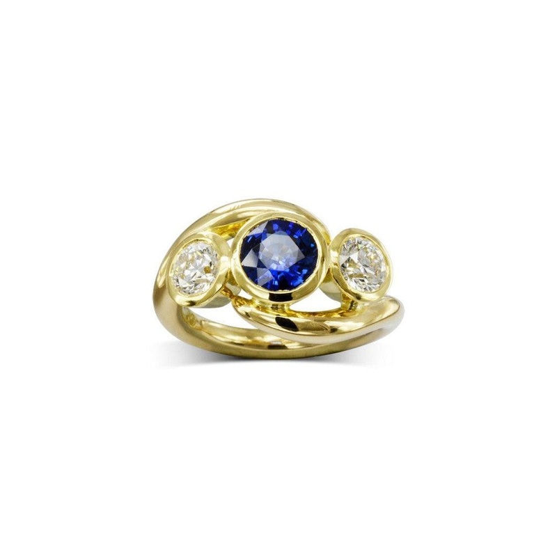 Spiky Gemstone and Diamond Yellow Gold Trilogy Ring