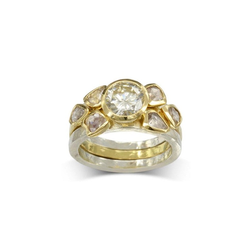 Two Tone Round Brilliant and Rough Diamond Stacking Ring Set