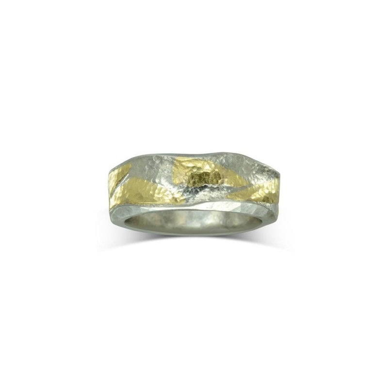 Side Hammered Platinum and Gold Mixed Metal Ring