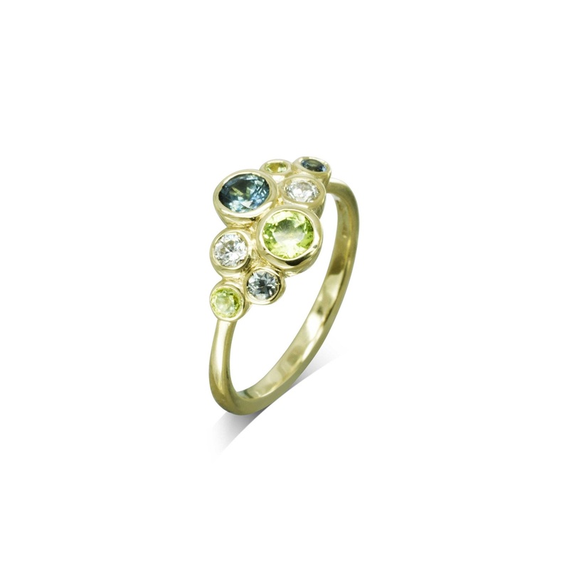 Bubbles Green and Teal Sapphire Cluster Ring