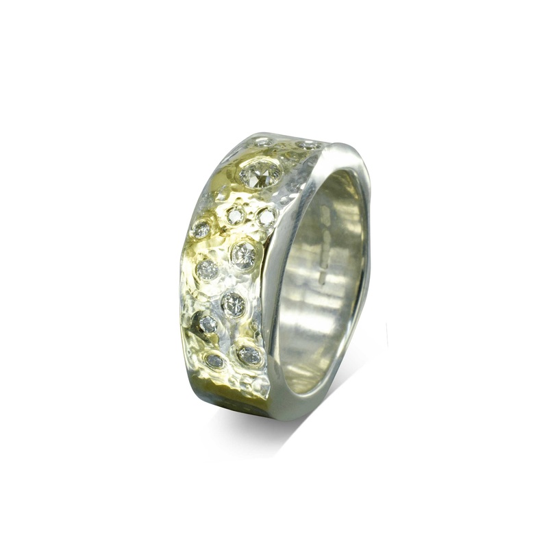 Side Hammered Mixed Metal Gold Diamond Ring