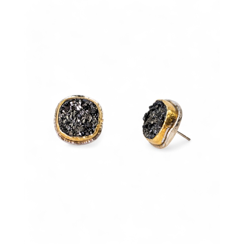 Onyx Druzy Stud Earrings (Cushion)