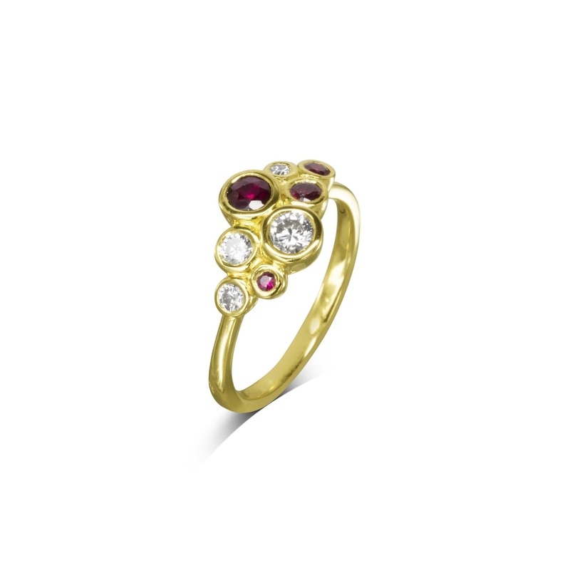 Ruby Diamond Gold Bubbles Cluster Ring (Dainty)