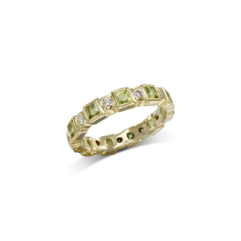 Alternating Yellow Gold Peridot and Diamond Full Eternity Ring
